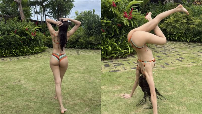 Lisa雙腿交叉，草地上直接倒立。（圖／翻攝自IG）