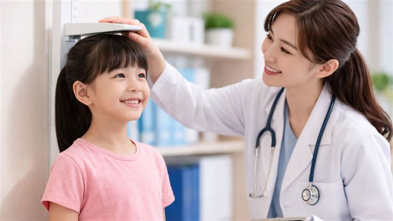 台灣人身高「亞洲後段班」。禾馨小兒科醫師余佳倩指出，身高雖與遺傳有關，但透過均衡飲食、運動與睡眠，仍有20%至30%成長機會。家長應留意性早熟現象，女童胸部、男童睪丸提早發育恐影響身高。（圖／AI製圖）