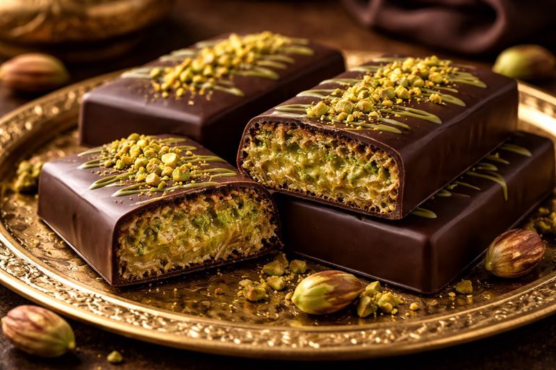 近期「杜拜巧克力」正夯，一片200公克熱量高達1000大卡，營養師楊斯涵建議，分食或搭配無糖茶、黑咖啡，減緩血糖上升，享受美味又健康。（圖／AI製圖）