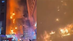 中國大陸山西太原市親賢北街商圈於3月28日晚間發生高樓火警，火勢疑從低樓層餐廳竄出，迅速延燒至建築外牆，烈焰直衝天際。（圖／翻攝自微博）