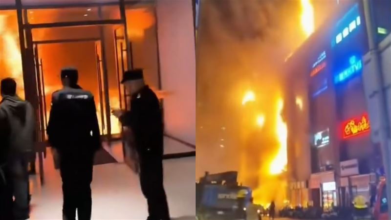 中國大陸山西太原市親賢北街商圈於3月28日晚間發生高樓火警，火勢疑從低樓層餐廳竄出，迅速延燒至建築外牆，烈焰直衝天際。（圖／翻攝自微博）