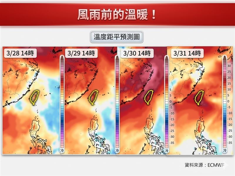 今明兩天各地高溫可以來到攝氏30度左右，不過周二起春雨鋒面接近，北部及東北部地區將轉為有短暫陣雨或局部雷雨。（圖／翻攝自林老師氣象站 臉書）