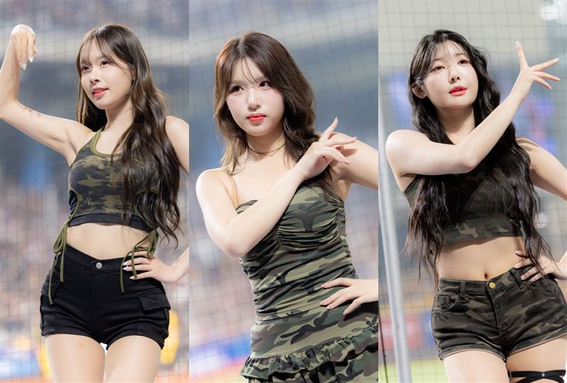 中職開幕戰28日開打,韓籍啦啦隊員金佳垠(左起)、廉世彬、高佳彬合體應援。(圖/樂天桃猿提供)