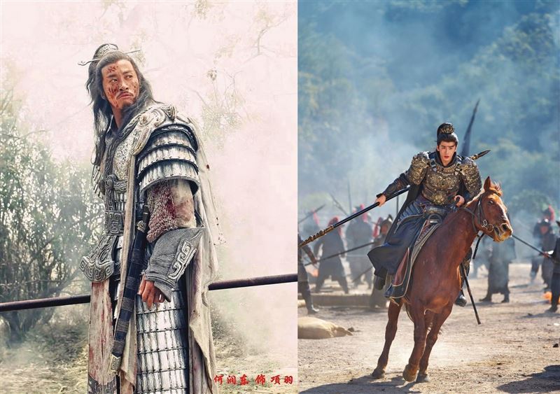 張凌赫（右圖）減重後身穿20公斤鎧甲上陣，但他的妝容過於乾淨精緻，缺乏武將的硬漢氣質。（翻攝自張凌赫微博）；當年何潤東（左圖）出演《楚漢傳奇》遭嫌是最醜項羽，14年後對比張凌赫的精緻美白妝，反被網友大讚有「力拔山兮氣蓋世」的感覺。（翻攝自微博）