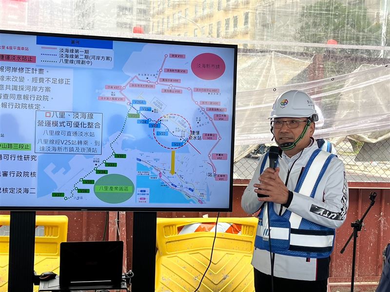 新北市長侯友宜視察淡海輕軌第二期（淡水老街輕軌）先期工程，砲轟中央卡了5年5個月，送審次數高達13次，並呼籲不要再卡了。（圖／新北捷運局提供）