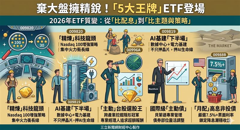 2026年ETF市場迎來質變，元大、中信、兆豐、玉山與貝萊德五強齊發。從009820精煉科技、009819佈局AI電力、00996A與00985D主動突圍，到00988B嚴選高息，投資邏輯已從「比配息」轉向「比主題與策略」，引領投資人全面卡位新成長趨勢。（AI製圖）