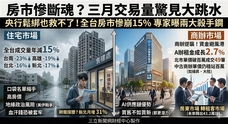 央行鬆綁也救不了房市冷風!全台三月交易量大跌一成五,民眾擔心血汗錢被通膨與戰爭吃掉,買房態度轉向極度保守觀望。(圖/AI製圖)