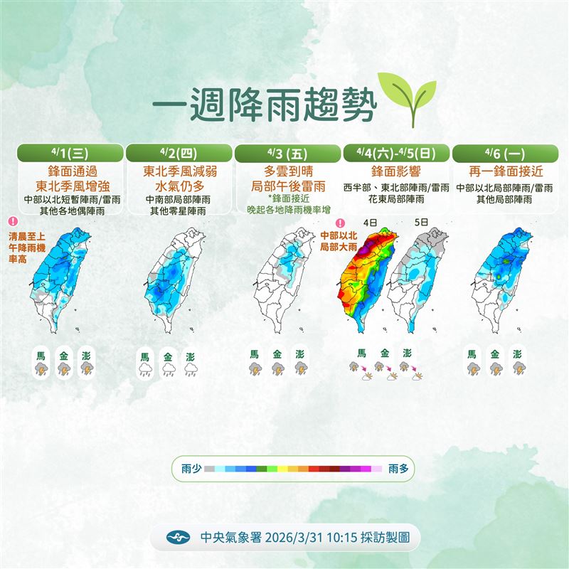 預期週六是整個清明連假過程當中降雨最多的一天。（圖／氣象署提供）