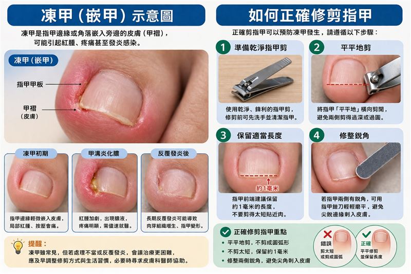 修剪指甲應平剪並留約1毫米，避免過短過圓，降低凍甲風險。（圖／大林慈濟醫院提供）