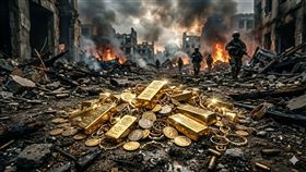 戰火中散落著閃閃發光黃金（圖／AI生成圖） 