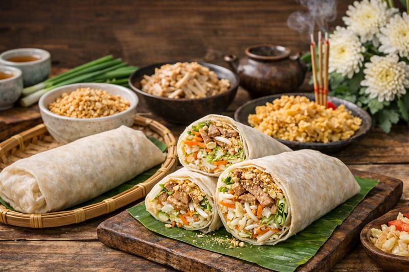 清明節吃潤餅熱量高，一捲約500大卡，花生糖粉、炸物與潤餅皮都會增加負擔。（圖／AI製圖）