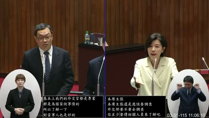 國民黨立委王育敏今（31）日在立法院會質詢外交部次長陳明祺。（圖／翻攝畫面）