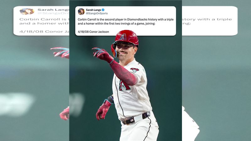 卡洛爾（Corbin Carroll）前2局分別擊出三壘安打和全壘打，成為隊史第2人。（圖／翻攝自響尾蛇推特）