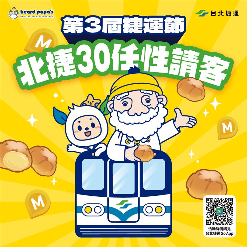 beard papa&rsquo;s與台北捷運限時合作，有機會免費吃泡芙，指定捷運站內還能看到爺爺的身影。（圖／品牌業者提供）