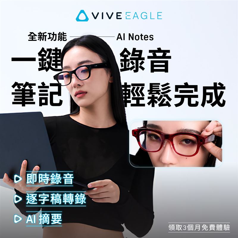 全新「VIVE AI語音摘錄」支援12種語言逐字稿與摘要,三個月免費試用方案同步上線。(圖/宏達電提供)