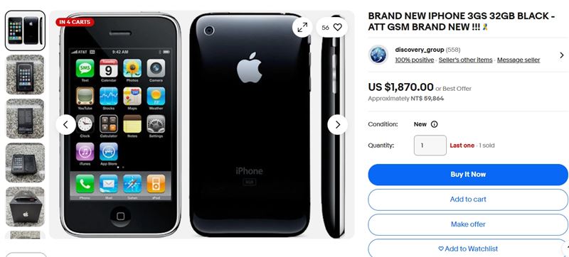 全新 iPhone 3GS 在國外拍賣網站可賣到 1870美元（約新台幣 59,975 元）。（圖／翻攝自ebay）