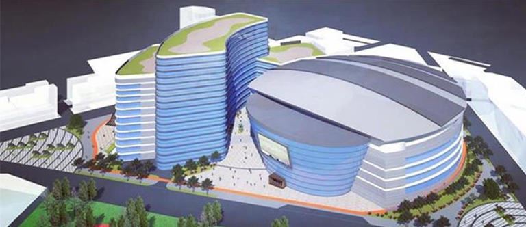 板橋第二運動場場館老舊，新北市體育局規畫透過BOT案，打造成可容納1萬人以上的運動休閒場館「新北小巨蛋」。圖為模擬圖。（新北市體育局提供）
