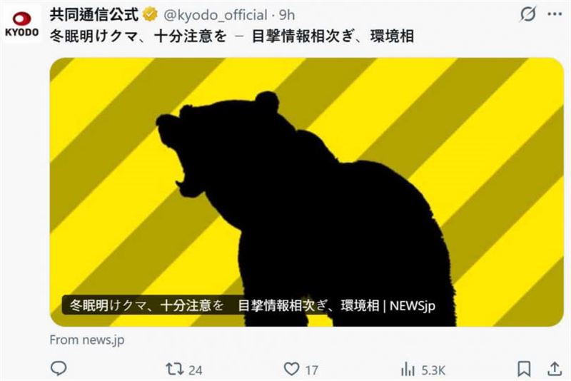 日本春季來臨，冬眠結束的熊隻活動逐漸增加。（圖／翻攝自X，@kyodo_official）