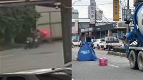 網友找出對面監視器，發現外送員生前疑跟路人爭執比中指後，才重心不穩才往車道倒被輾斃。（圖／翻攝自Threads、記者張昱傑攝影）

