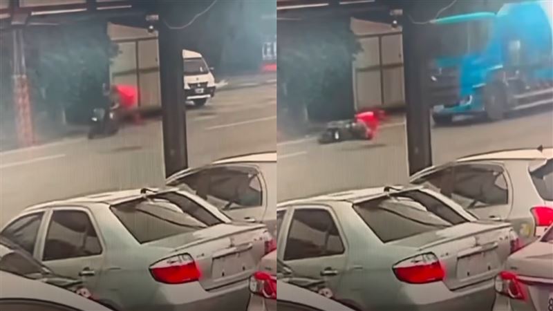 驚悚視角曝!外送員自摔前舉中指 遭輾2截