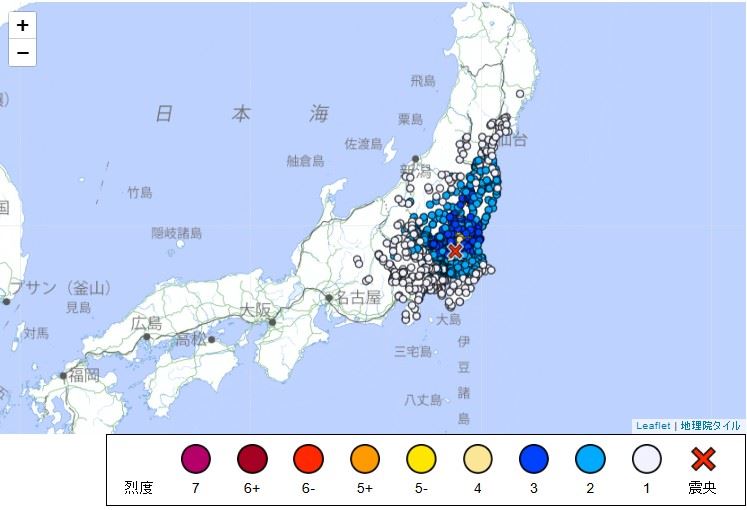 日本關東驚傳「5.0地震」，最大強度達5弱，東京也出現搖晃情形。（圖／翻攝自日本氣象廳）