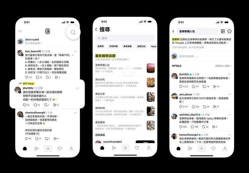 快速掌握發燒話題！Threads全新「趨勢話題」上線，AI即時摘要社群熱門焦點，輕鬆秒懂全台最夯社群時事。（圖／Meta提供）