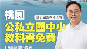 桃園市長張善政率先宣布，自115學年起，全面補助國中小教科書費用。（圖／翻攝自張善政臉書）