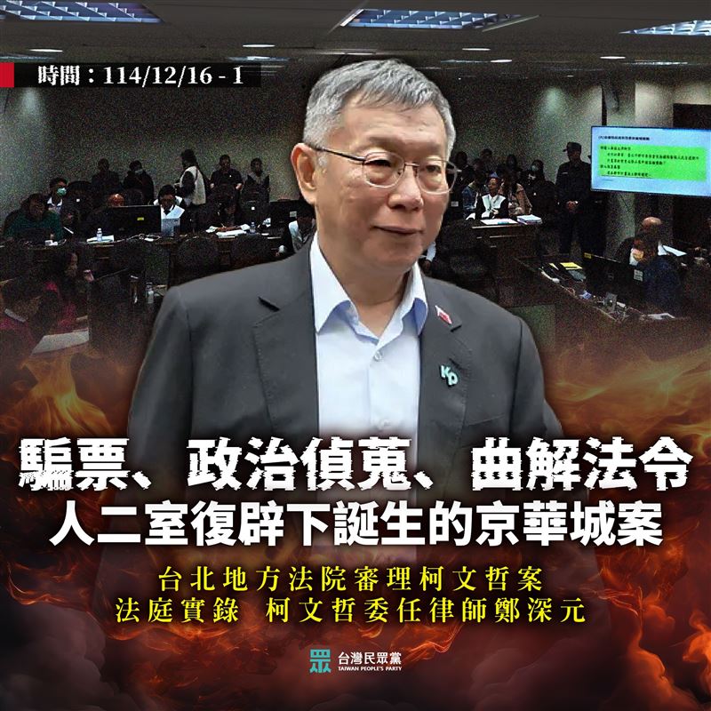 民眾黨貼出6張圖卡控訴，當察官在設定好的鏡頭前搶當HERO，「台灣的司法，只會更加脆弱。」（圖／翻攝自民眾黨臉書）