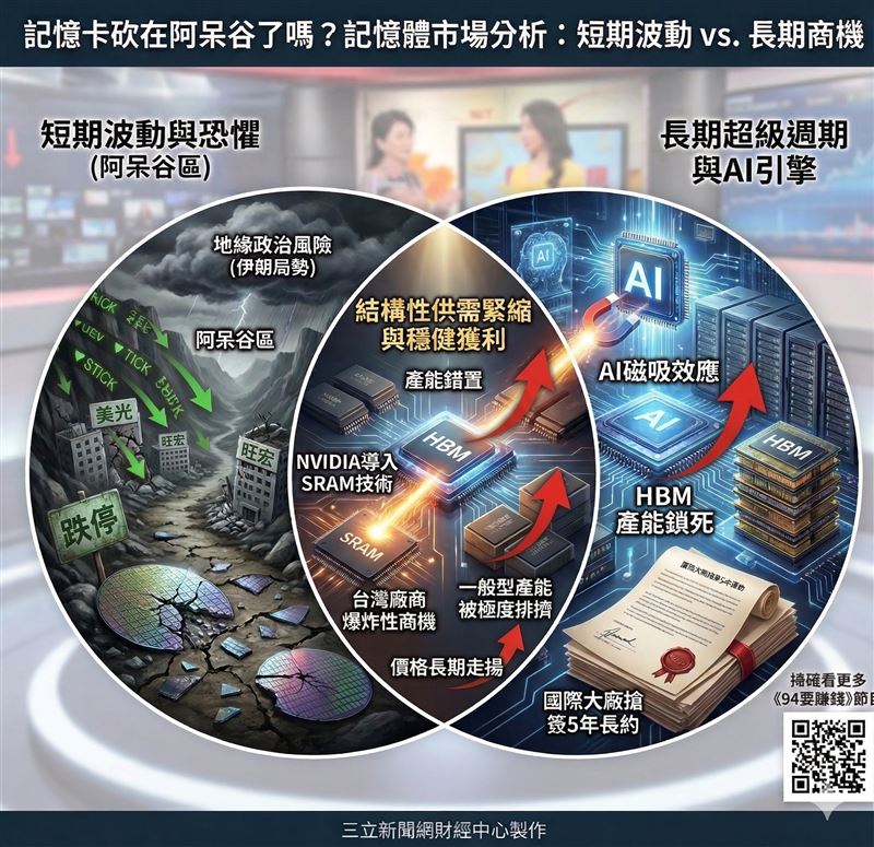 記憶體股價近期大幅修正讓散戶心慌，但台經院產經資料庫總監劉佩真（左1）指出，AI產能排擠效應將讓記憶體價格長線有撐，投資人切勿因恐慌而砍在低點。輝達未來有望擴大採用SRAM技術優化AI效能，由於該領域由台廠主導，專家預言台灣半導體鏈將從間接受惠轉為直接受惠的爆發成長。（圖／AI製圖）