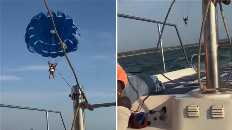 印度有遊客玩海上拖曳傘，因與船隻連接的纜繩斷裂而墜海。（圖／翻攝自X）