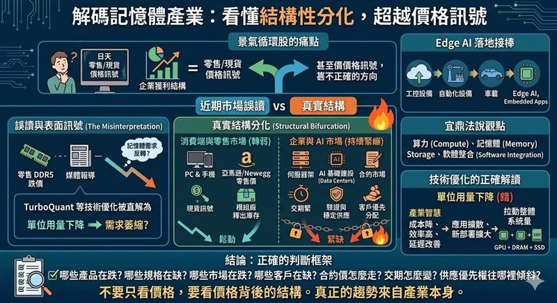 最近DDR5零售價格回落，零售市場看到的是部分品牌、部分通路、部分規格開始降價，於是很多人認為記憶體需求要反轉了，甚至連Google TurboQuant這類壓縮技術，都被直接拿來連結成「記憶體需求下降」的證據。但是沈萬鈞強調，消費端跌價，不代表企業端同步鬆動，更不代表上游獲利結構會立刻反轉。（圖／翻攝萬鈞法人視野粉專）