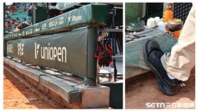 亞太棒球村成棒主球場選手休息區護欄水泥基座有安全疑慮。（圖／記者劉彥池攝影）