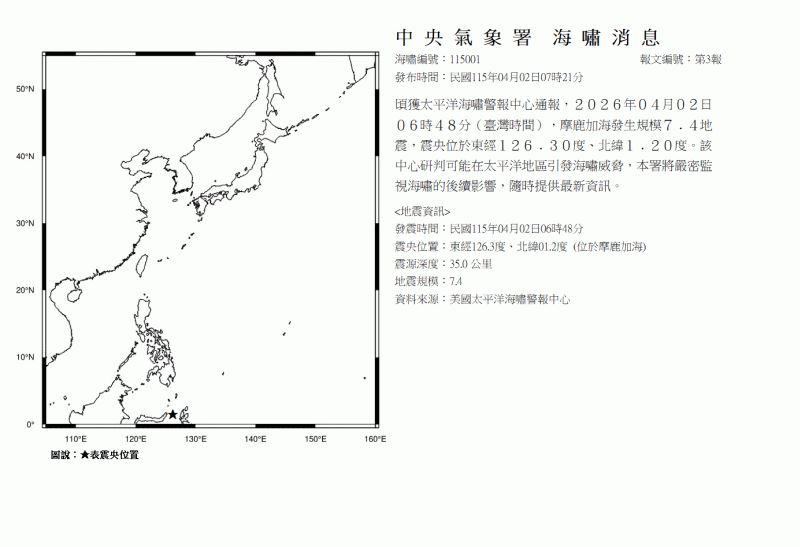 中央氣象署也發布「海嘯消息」，連3報示警太平洋地區恐引發海嘯威脅，將嚴密監視海嘯的後續影響。（圖／翻攝自中央氣象署）