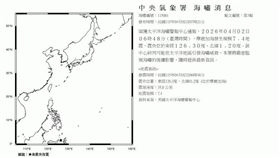 中央氣象署也發布「海嘯消息」，連3報示警太平洋地區恐引發海嘯威脅，將嚴密監視海嘯的後續影響。（圖／翻攝自中央氣象署）