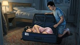 黃姓男子勒斃小姨子，將屍體雙腿綑綁成跪姿，塞進行李箱後棄屍。（示意畫面，AI繪圖Freepik生成，本刊美術組後製）