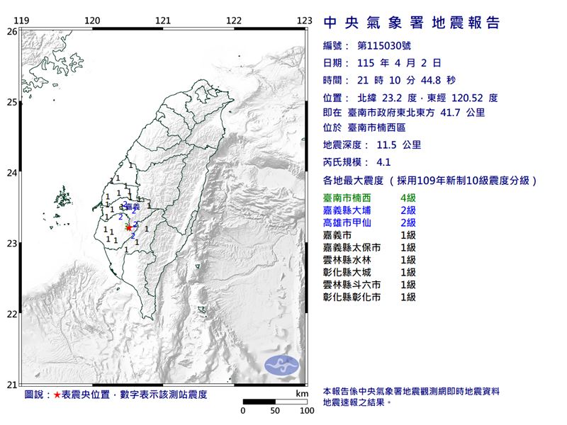 21:10台南發生規模4.1地震。（圖／氣象署）