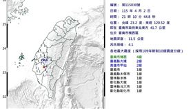 21:10台南發生規模4.1地震。（圖／氣象署）
