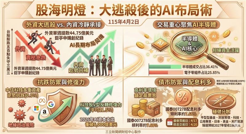 美伊戰火推升油價衝擊全球股債，外資撤出亞股致台股失守三萬三。然而內資展現韌性，基金申購創紀錄，資金鎖定AI半導體與高票息短債，看好科技巨頭資本支出帶動的長線修復力。（AI製圖）