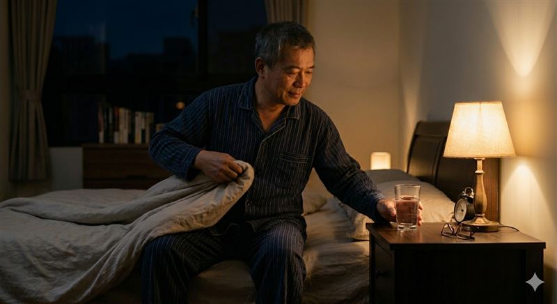 不少人習慣睡前喝一杯水，認為有助預防中風或心肌梗塞，不過卻常出現半夜頻頻起床上廁所的困擾，影響睡眠品質。（示意圖／AI生成）