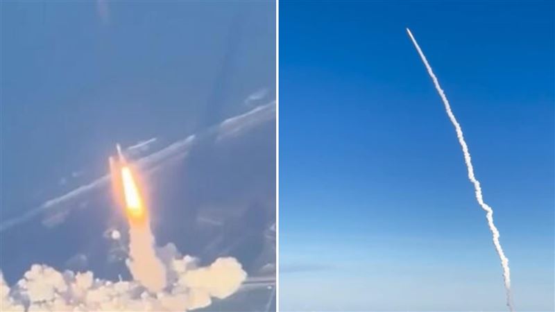 美國展開太空船繞月球計畫，多名搭飛機的旅客記錄下升天瞬間。（組合圖／翻攝自X、Threads）