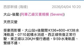 台鐵急發「乙級災害」大山、後龍水淹軌面雙線不通。（圖／翻攝自台鐵e訂通APP）