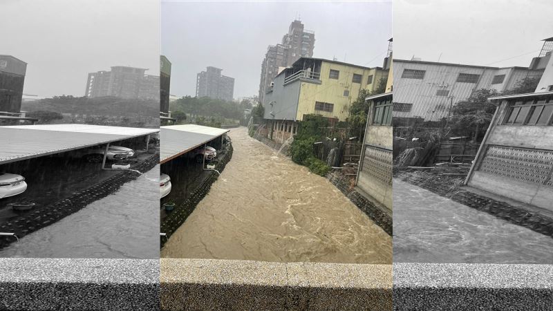 苗栗市新庄街一帶出現淹水,水溝蓋上驚見成群吳郭魚。(圖/翻攝苗栗大小事)