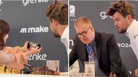 西洋棋世界排名第一的卡爾森與對戰的18歲女棋手努爾曼合影後，隨即向裁判檢舉對方使用手機。（圖／翻攝自X／ChessbaseIndia）