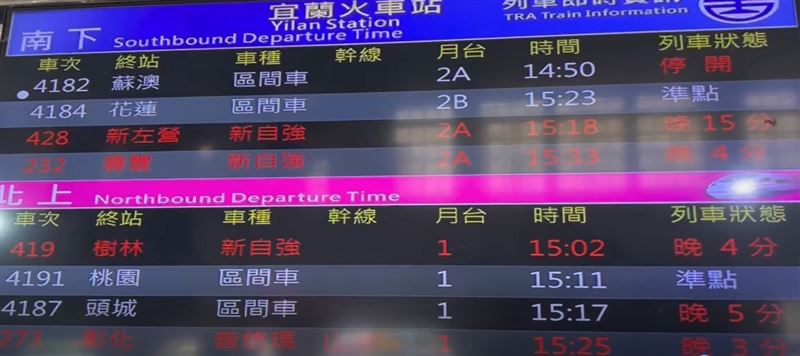 宜蘭車站搭車旅客無奈等列車。（圖／翻攝畫面）