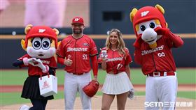 中職37年例行賽，「費嫂」漢娜（Hanna Fairchild）受邀替味全龍開球。（圖／記者劉彥池攝影）