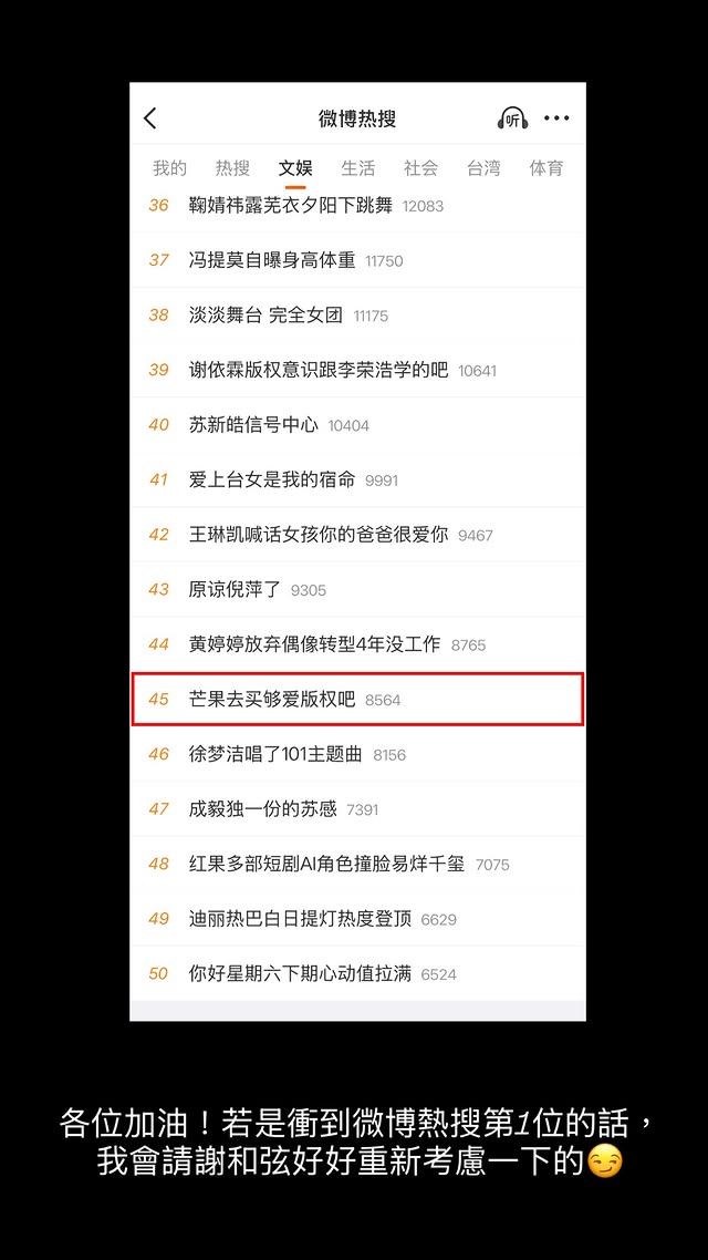 陳緗妮表示「芒果去買夠愛版權吧」若衝上熱搜冠軍,將請謝和弦重新考慮授權。(圖/翻攝自陳緗妮IG)