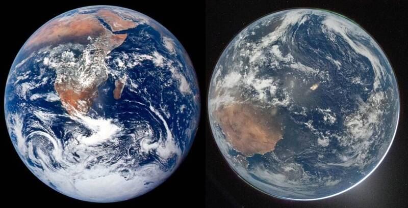 美國航太總署(NASA)4日分享2張地球照,左圖為1972年阿波羅17號拍攝,右圖為今年阿提米絲2號拍攝。(圖/翻攝自x@NASA)