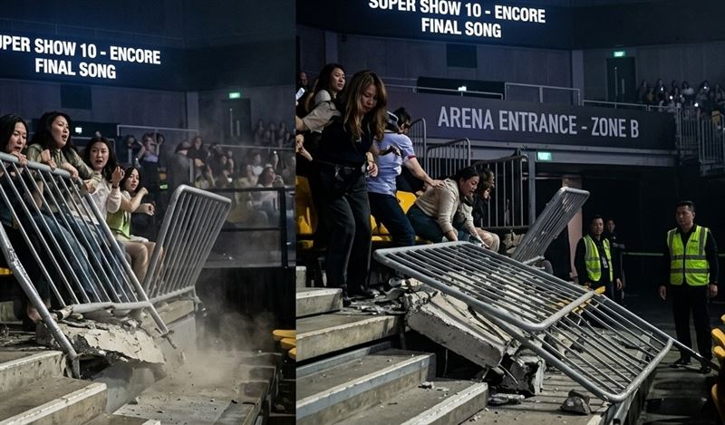 SUPER JUNIOR巡演最終場發生事故,安全護欄斷裂多名觀眾跌落下層。(圖/AI示意圖)