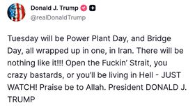 美國總統川普5日發文威脅伊朗開放荷莫茲海峽，並限期週二(約台灣時間週三上午8時)以前，否則會摧毀伊朗的橋樑與發電廠。文中川普用字粗鄙，側面顯示他的焦急心態。（圖／翻攝自X平台 @ChrisGoodwin79）