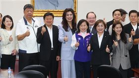 鄭麗文出席「和平之旅」啟程中外記者會（3）國民黨主席鄭麗文（左4）7日上午在中央黨部舉行「2026和平之旅」啟程中外記者會，和與會的立委、中常委等人比讚合影。中央社記者謝佳璋攝  115年4月7日